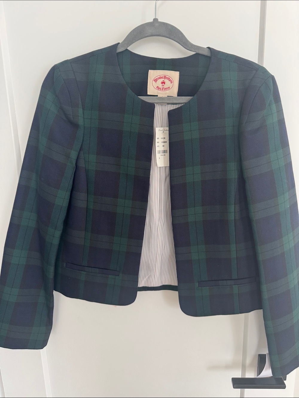 Brooks Brothers Navy & Green Plaid Collarless Cropped Blazer